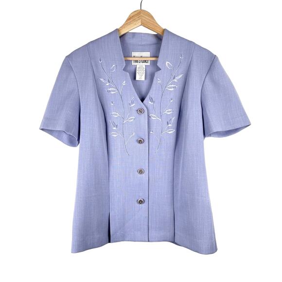 80s Vintage Floral Embroidered Blouse Top Jacket Lilac Purple Short Sleeve Sz 8 - Picture 1 of 5